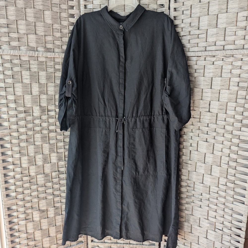 Ulla Popken Shirt Dress Black Linen Blend Drawstring Sz 24/26 Minimalist *READ